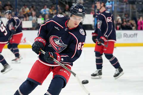 COLUMBUS, OHIO – APRIL 13: Mikael Pyyhtia #82 of the Columbus Blue Jackets juggles the puck during warm ups prior to game against the Columbus Blue Jackets at Nationwide Arena on April 13, 2023 in Columbus, Ohio. (Photo by Jason Mowry/Getty Images)