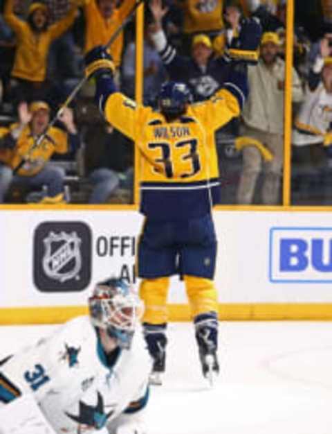 May 9, 2016; Nashville, TN, USA; Nashville Predators center Colin Wilson (33) reacts to scoring the game-tying goal against the San Jose Sharks during the third period in game six of the second round of the 2016 Stanley Cup Playoffs at Bridgestone Arena. Mandatory Credit: Aaron Doster-USA TODAY Sports