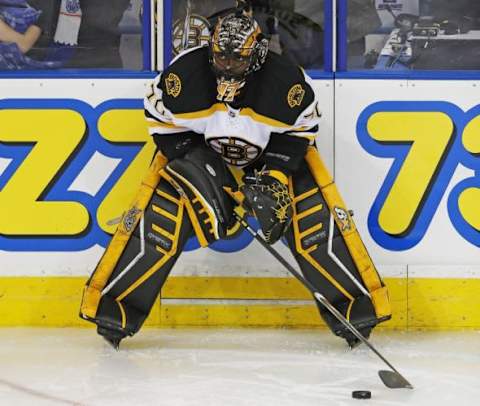 Feb 18, 2015; Edmonton, Alberta, CAN; Boston Bruins goaltender Malcolm Subban (70) skates during warmup against the Edmonton Oilers at Rexall Place. Mandatory Credit: Perry Nelson-USA TODAY Sports