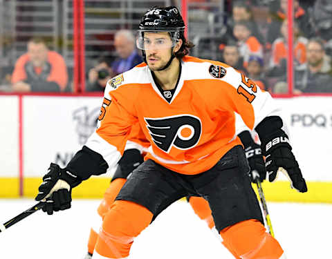 Mar 13, 2017; Philadelphia, PA, USA; Philadelphia Flyers defenseman Michael Del Zotto (15) during game against the Columbus Blue Jackets during the third period at Wells Fargo Center. The Blue Jackets defeated the Flyers, 5-3. Mandatory Credit: Eric Hartline-USA TODAY Sports