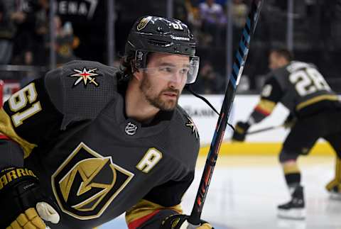 Mark Stone of the Vegas Golden Knights warms up before a game against the Tampa Bay Lightning at T-Mobile Arena on February 20, 2020.