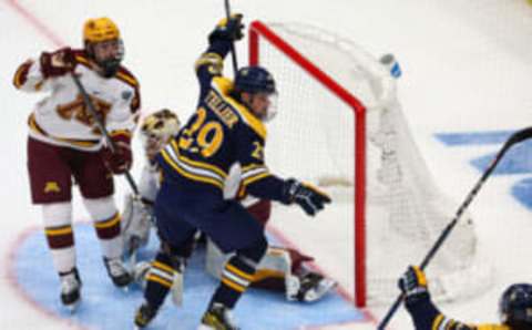 Apr 8, 2023; Tampa, Florida, USA; Quinnipiac forward Cristophe Tellier (29) celebrates after scoring a goal against Minnesota in the second period during the national championship game of the 2023 Frozen Four college ice hockey tournament at Amalie Arena. Mandatory Credit: Nathan Ray Seebeck-USA TODAY Sports