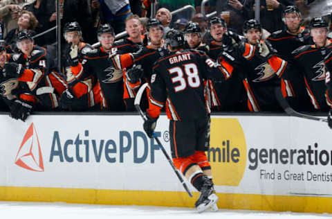 ANAHEIM, CA – DECEMBER 11: Derek Grant #38 of the Anaheim Ducks celebrates his first-period goal. (Photo by Debora Robinson/NHLI via Getty Images)