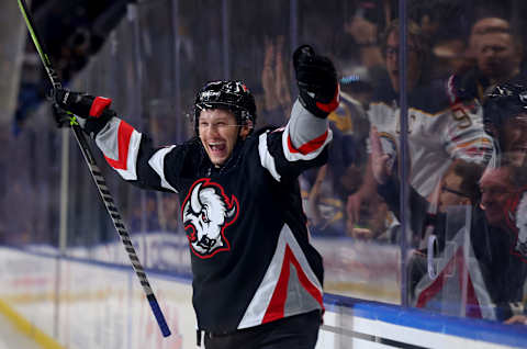 Dec 4, 2022; Buffalo, New York, USA; Buffalo Sabres left wing Jeff Skinner (53) reacts after scoring a goal during the second period against the San Jose Sharks at KeyBank Center. Mandatory Credit: Timothy T. Ludwig-USA TODAY Sports