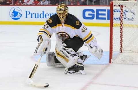 NHL Power Rankings: Boston Bruins goalie Tuukka Rask (40) plays the puck during the second period of their game against the New Jersey Devils at Prudential Center. Mandatory Credit: Ed Mulholland-USA TODAY Sports