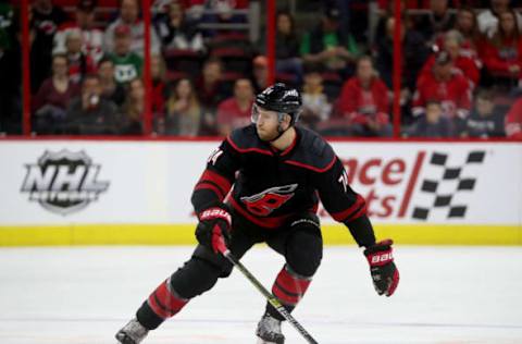 RALEIGH, NC – MARCH 16: Jaccob Slavin #74 of the Carolina Hurricanes skates for position on the ice during an NHL game against the Buffalo Sabres on March 16, 2019 at PNC Arena in Raleigh, North Carolina. (Photo by Gregg Forwerck/NHLI via Getty Images)