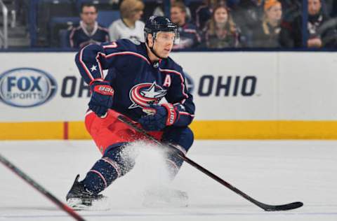 COLUMBUS, OH: Jack Johnson #7 of the Columbus Blue Jackets skates against the Pittsburgh Penguins on April 5, 2018. (Photo by Jamie Sabau/NHLI via Getty Images)