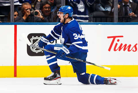 TORONTO, ON – APRIL 15: Auston Matthews #34 of the Toronto Maple Leafs celebrates his goal against the Boston Bruins during the second period in Game Three of the Eastern Conference First Round during the 2019 NHL Stanley Cup Playoffs at the Scotiabank Arena on April 15, 2019 in Toronto, Ontario, Canada. (Photo by Mark Blinch/NHLI via Getty Images)