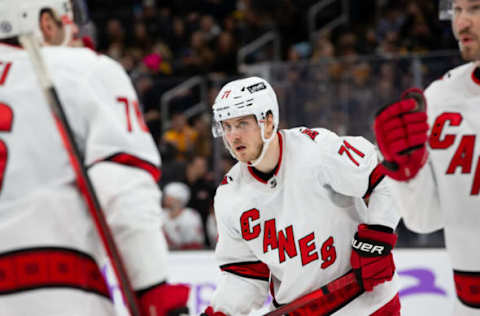 BOSTON, MA – FEBRUARY 10: Jesper Fast #71 of the Carolina Hurricanes skates against the Boston Bruins during the third period at the TD Garden on February 10, 2022, in Boston, Massachusetts. The Hurricanes won 6-0. (Photo by Richard T Gagnon/Getty Images)