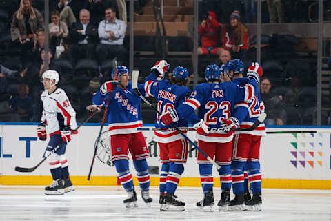 NEW YORK, NY – NOVEMBER 20: Artemi Panarin #10 of the New York Rangers celebrates with teammates after scoring a goal in the second period against the Washington Capitals at Madison Square Garden on November 20, 2019 in New York City. (Photo by Jared Silber/NHLI via Getty Images)