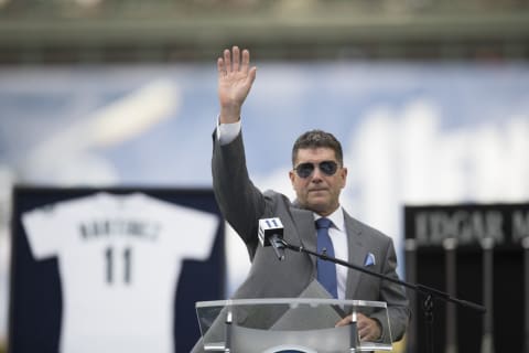 SEATTLE, WA – AUGUST 12: Former Seattle Mariner and current hitting coach Edgar Martinez gestures after speaking during a ceremony to retire his number before a game against the Los Angeles Angels of Anaheim at Safeco Field on August 12, 2017, in Seattle, Washington. The Angels won the game 6-3. (Photo by Stephen Brashear/Getty Images)