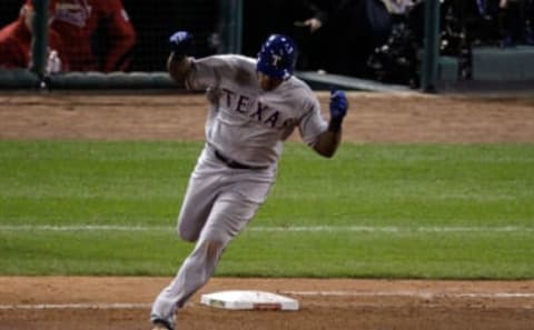 ST LOUIS, MO – OCTOBER 27: Adrian Beltre #29 of the Texas Rangers rounds the bases after hitting a solo home run in the seventh inning during Game Six of the MLB World Series against the St. Louis Cardinals at Busch Stadium on October 27, 2011 in St Louis, Missouri. (Photo by Rob Carr/Getty Images)