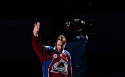 Dec 7, 2015; Denver, CO, USA; Colorado Avalanche alumni Peter Forsberg voted by the fans waves to the crowd before the game against the Minnesota Wild at Pepsi Center. Mandatory Credit: Ron Chenoy-USA TODAY Sports