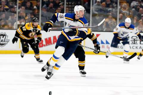 BOSTON, MA – JANUARY 17: St. Louis Blues defenseman Jay Bouwmeester (19) looks for cover as the puck gets past him during a game between the Boston Bruins and the St. Louis Blues on January 17, 2019, at TD Garden in Boston, Massachusetts. (Photo by Fred Kfoury III/Icon Sportswire via Getty Images)