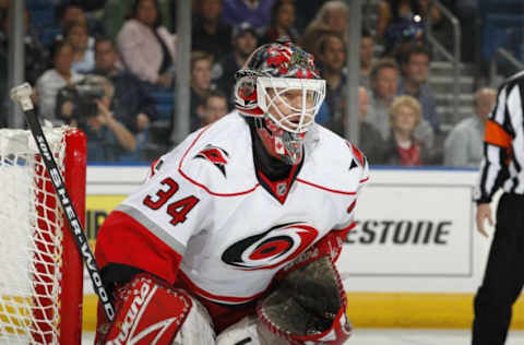 TAMPA, FL – MARCH 23: Goaltender Manny Legace #34 of the Carolina Hurricanes defends the goal against the Tampa Bay Lightning at the St. Pete Times Forum on March 23, 2010 in Tampa, Florida. (Photo by Scott Audette/NHLI via Getty Images)