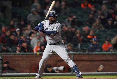 SAN FRANCISCO, CA – SEPTEMBER 26: Franmil Reyyes #32 of the San Diego Padres bats against the San Francisco Giants in the top of the eighth inning at AT&T Park on September 26, 2018 in San Francisco, California. (Photo by Thearon W. Henderson/Getty Images)