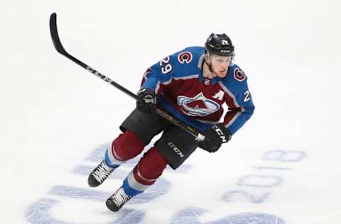 DENVER, CO – APRIL 18: Colorado Avalanche center Nathan MacKinnon (29) during a first round playoff game between the Colorado Avalanche and the visiting Nashville Predators on April 18, 2018 at the Pepsi Center in Denver, CO. (Photo by Russell Lansford/Icon Sportswire via Getty Images)