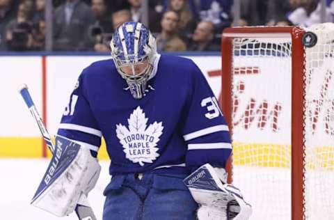 Apr 23, 2017; Toronto, Ontario, CAN; Toronto Maple Leafs goalie Frederik Andersen (31) turns aside a shot against the Washington Capitals in game six of the first round of the 2017 Stanley Cup Playoffs at Air Canada Centre. The Capitals beat the Maple Leafs 2-1 in overtime. Mandatory Credit: Tom Szczerbowski-USA TODAY Sports