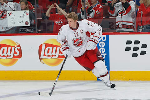 RALEIGH, NC – JANUARY 30: Eric Staal #12 of the Carolina Hurricanes and Team Staal warms up rior to playing against Team Lidstrom in the 58th NHL All-Star Game at RBC Center on January 30, 2011 in Raleigh, North Carolina. (Photo by Kevin C. Cox/Getty Images)