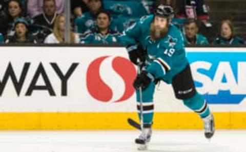 Apr 16, 2017; San Jose, CA, USA; San Jose Sharks center Joe Thornton (19) shoots against the in the first period of game three in the first round of the 2017 Stanley Cup Playoffs at SAP Center at San Jose. Mandatory Credit: John Hefti-USA TODAY Sports