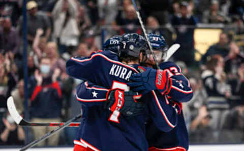 Apr 24, 2022; Columbus, Ohio, USA; Columbus Blue Jackets left wing Eric Robinson (50) celebrates a goal with teammates in the first period against the Edmonton Oilers at Nationwide Arena. Mandatory Credit: Gaelen Morse-USA TODAY Sports