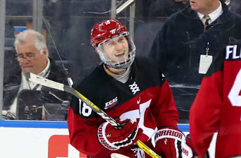 NEW YORK, NY – NOVEMBER 24: Harvard Crimson defenseman Adam Fox (18) celebrates after a goal during the 2018 Frozen Apple College Hockey game between the Cornell Big Red and the Harvard Crimson on November 24, 2018 at Madison Square Garden in New York, NY. (Photo by Rich Graessle/Icon Sportswire via Getty Images)