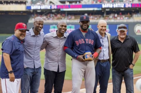 Jun 10, 2016; Minneapolis, MN, USA; From left to right Minnesota Twins bullpen coach Eddie Guardado, LaTroy Hawkins, Boston Red Sox designated hitter David Ortiz (34), Corey Koskie and Ron Gardenhire pose for a photo during David Ortiz