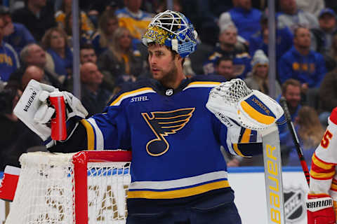 ST LOUIS, MO – JANUARY 12: Thomas Greiss #1 of the St. Louis Blues plays in goal against the Calgary Flames at Enterprise Center on January 12, 2023 in St Louis, Missouri. (Photo by Dilip Vishwanat/Getty Images )