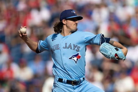 May 10, 2023; Philadelphia, Pennsylvania, USA; Toronto Blue Jays starting pitcher Kevin Gausman (34) throws a pitch during the second inning against the Philadelphia Phillies at Citizens Bank Park. Mandatory Credit: Bill Streicher-USA TODAY Sports