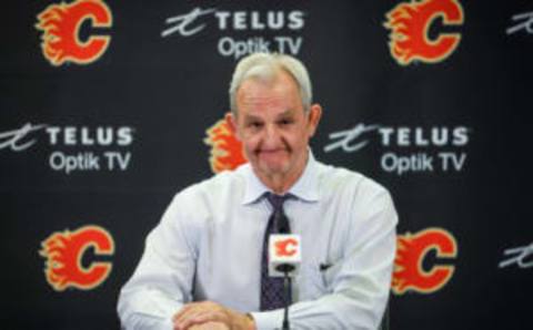 Apr 12, 2023; Calgary, Alberta, CAN; Calgary Flames head coach Darryl Sutter during interview after the game against the San Jose Sharks at Scotiabank Saddledome. Mandatory Credit: Sergei Belski-USA TODAY Sports