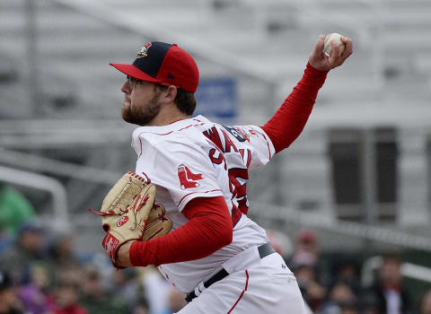 PORTLAND, ME – APRIL 14: Mike Shawaryn of the Portland Sea Dogs pitches against the Binghamton Rumble Ponies Saturday, April 14, 2018. (Staff photo by Shawn Patrick Ouellette/Portland Press Herald via Getty Images)