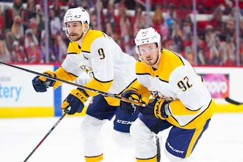 Nashville Predators center Ryan Johansen (92) and left wing Filip Forsberg (9) Mandatory Credit: James Guillory-USA TODAY Sports