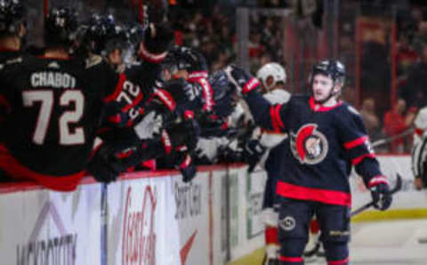 OTTAWA, CANADA – MARCH 27: Erik Brannstrom #26 o the Ottawa Senators celebrates his first period goal against the Florida Panthers at Canadian Tire Centre on March 27, 2023 in Ottawa, Ontario, Canada. (Photo by Chris Tanouye/Freestyle Photography/Getty Images)