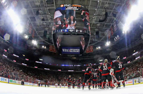 RALEIGH, NORTH CAROLINA – MAY 20: The Carolina Hurricanes celebrate their 2-0 victory over the New York Rangers in Game Two of the Second Round of the 2022 Stanley Cup Playoffs at PNC Arena on May 20, 2022, in Raleigh, North Carolina. (Photo by Bruce Bennett/Getty Images)