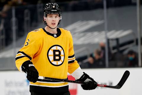 BOSTON, MASSACHUSETTS – APRIL 15: Mie Reilly #6 of the Boston Bruins looks on during the third period against the New York Islanders at TD Garden on April 15, 2021 in Boston, Massachusetts. The Bruins defeat the Islanders 4-1. (Photo by Maddie Meyer/Getty Images)