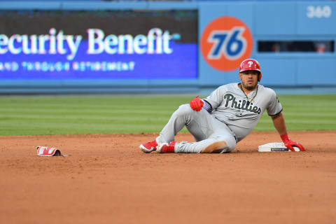 Alfaro has different signals from second base after a ringing double. Photo by Brian Rothmuller/Icon Sportswire via Getty Images.