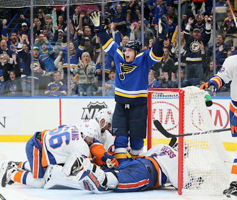 St. Louis Blues right wing Scottie Upshall reacts after scoring in the third period against the New York Islanders on Saturday, Nov. 11, 2017, at the Scottrade Center in St. Louis, Mo. (Chris Lee/St. Louis Post-Dispatch/TNS via Getty Images)