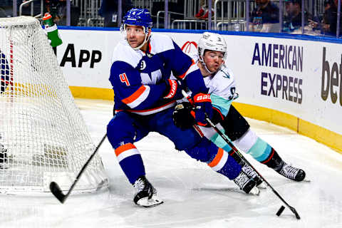 ELMONT, NEW YORK – FEBRUARY 02: Andy Greene #4 of the New York Islanders   (Photo by Steven Ryan/Getty Images)