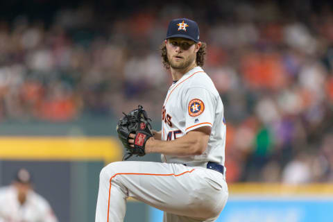 HOUSTON, TX – SEPTEMBER 02: Houston Astros starting pitcher Gerrit Cole (45) delivers the pitch in the second inning of a baseball game between the Houston Astros and the Los Angeles Angels on September 02, 2018, at Minute Maid Park in Houston, TX.. (Photo by Juan DeLeon/Icon Sportswire via Getty Images)