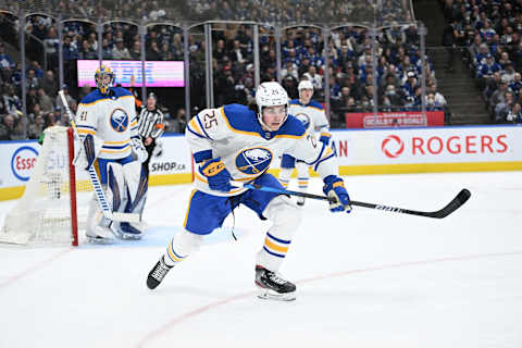 Apr 12, 2022; Toronto, Ontario, CAN; Buffalo Sabres defenseman Owen Power (25) pursues the play against the Toronto Maple Leafs in the first period at Scotiabank Arena. Mandatory Credit: Dan Hamilton-USA TODAY Sports