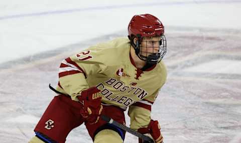 CHESTNUT HILL, MA – DECEMBER 2: Oskar Jellvik #21 of the Boston College Eagles skates against the Providence College Friars during NCAA hockey at Kelley Rink on December 2, 2022 in Chestnut Hill, Massachusetts. The game ended in a 1-1 tie with the Friars winning in a shootout. (Photo by Richard T Gagnon/Getty Images)