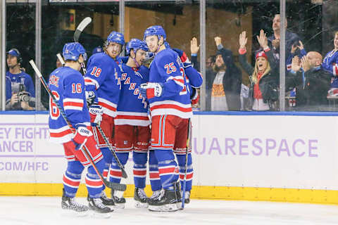 NEW YORK, NY – NOVEMBER 26: Rangers fans and players celebrate goal during the Ottawa Senators and New York Rangers NHL game on November 26, 2018, at Madison Square Garden in New York, NY. (Photo by John Crouch/Icon Sportswire via Getty Images)