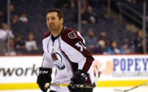 Mar 4, 2017; Winnipeg, Manitoba, CAN; Colorado Avalanche defenseman Francois Beauchemin (32) poses for a photo prior to the game between the Winnipeg Jets and the Colorado Avalanche. Mandatory Credit: Bruce Fedyck-USA TODAY Sports