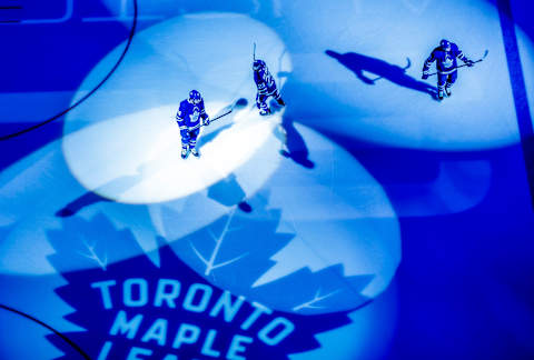 TORONTO, ON – MARCH 25: Auston Matthews #34, William Nylander #29, and Andreas Johnsson #18 of the Toronto Maple Leafs skate on the ice before playing the Florida Panthers at the Scotiabank Arena on March 25, 2019 in Toronto, Ontario, Canada. (Photo by Mark Blinch/NHLI via Getty Images)