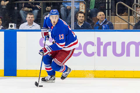 NEW YORK, NY – NOVEMBER 28: New York Rangers Center Kevin Hayes (13) in action during the first period of a regular season NHL game between the Florida Panthers and the New York Rangers on November 28, 2017, at Madison Square Garden in New York, NY. (Photo by David Hahn/Icon Sportswire via Getty Images)