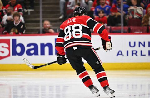 CHICAGO, ILLINOIS – DECEMBER 18: Patrick Kane #88 of the Chicago Blackhawks skates against the New York Rangers on December 18, 2022, at United Center in Chicago, Illinois. New York defeated Chicago 7-1. (Photo by Jamie Sabau/Getty Images)