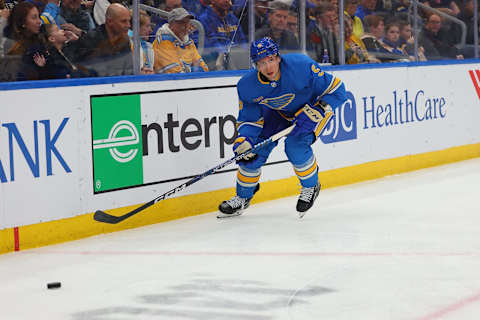 ST LOUIS, MO – FEBRUARY 25: Tyler Pitlick, #9 of the St. Louis Blues, skates against the Pittsburgh Penguins at Enterprise Center on February 25, 2023, in St Louis, Missouri. (Photo by Dilip Vishwanat/Getty Images)