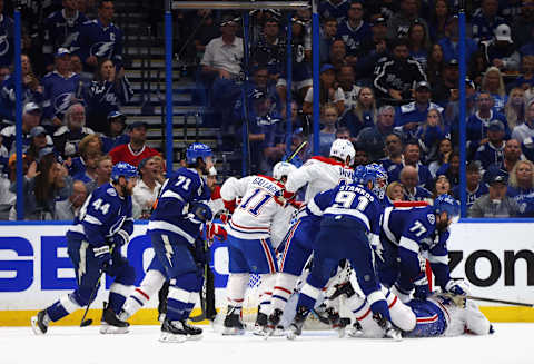 The Tampa Bay Lightning defend against the Montreal Canadiens. (Photo by Bruce Bennett/Getty Images)