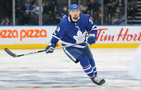 TORONTO, ON – OCTOBER 22: Justin Holl #3 of the Toronto Maple Leafs   (Photo by Claus Andersen/Getty Images)