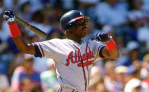 CHICAGO – 1997: Fred McGriff of the Atlanta Braves bats during an MLB game against the Chicago Cubs at Wrigley Field in Chicago, Illinois during the 1997 season. (Photo by Ron Vesely/MLB Photos via Getty Images)